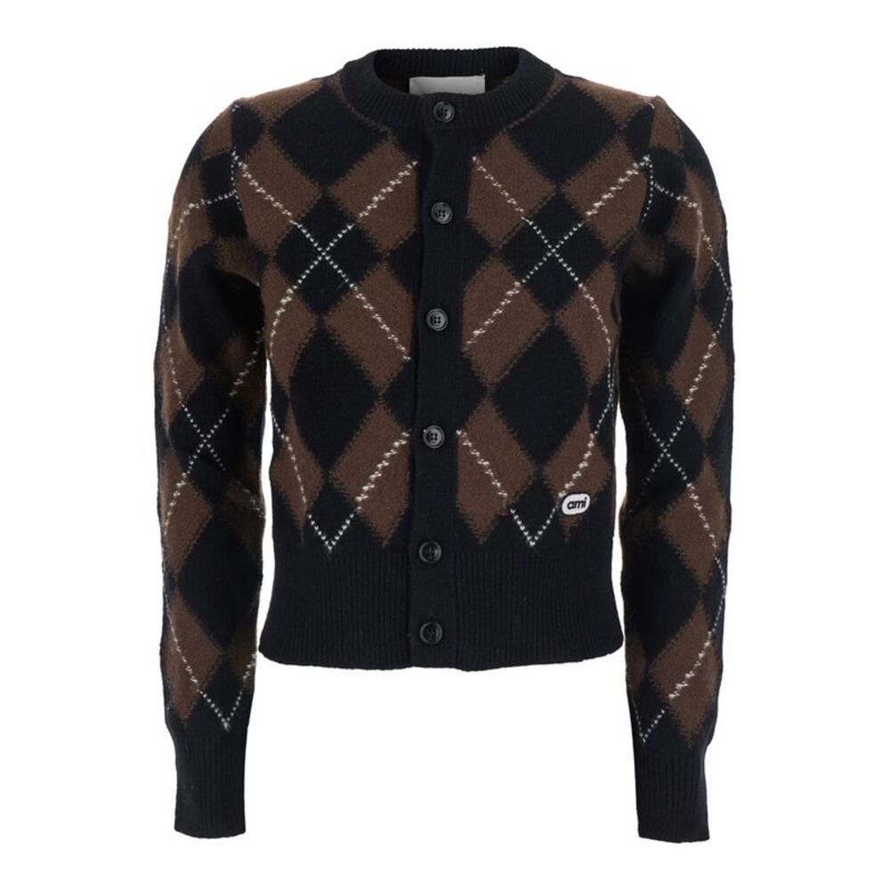 Ami Paris Women Cardigan With Round Neck And Oval Patches Ami In Brown For Men